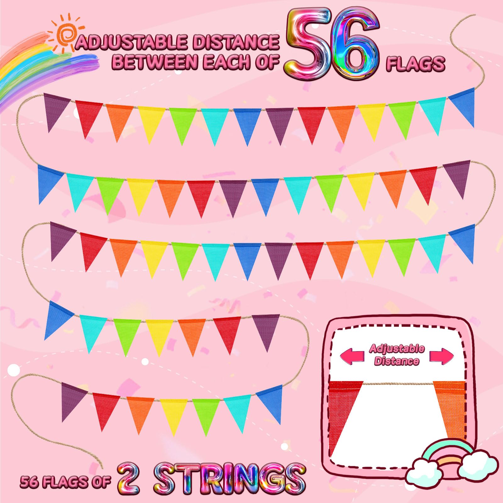 112 Flags/72ft Pennant Banner Flags Garland, Triangle Banner Pennant Flags on a String, Rainbow Burlap Pennant Banner Garland Bunting Banner for Outdoor Birthday Party Decorations Rainbow