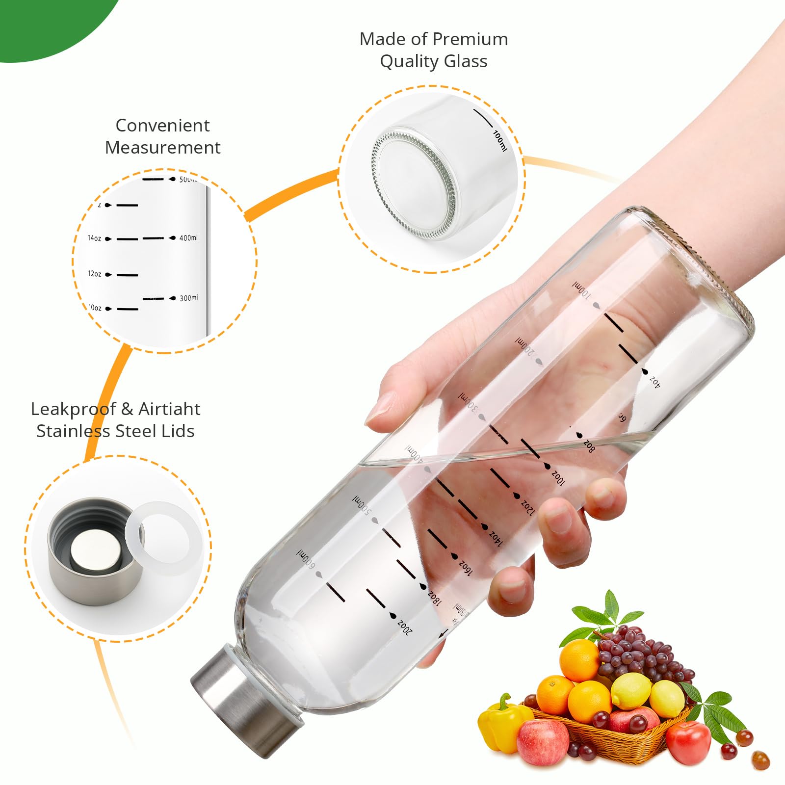 Glas-Saftflaschen mit Deckel, 750 ml, transparente Wasserflasche, Saftflaschen, wiederverwendbares Glas mit Edelstahlkappe, Trinkflaschen für Kühlschrank, 100 % auslaufsicher, BPA-frei, 6