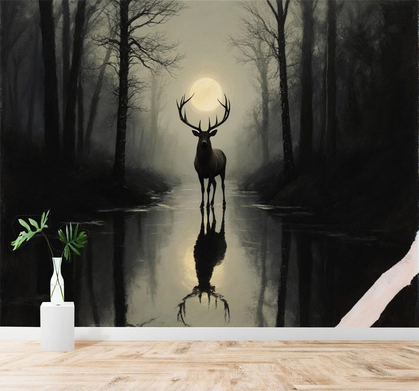 XLMING Misty Forest Elk Moonlight Reflections Scenery 3D Wallpaper Silky Texture Home Study Office Grey Dining Room Sofa Bedroom Living Room TV Backdrop-400cm×280cm