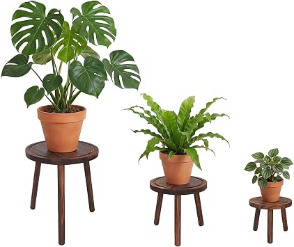 Amdermi 3 Pack Wood Plant Stands Indoor, Mid Century Modern Plant Stool for 6-12 Inch Pots, Tall Small Plant Stand Set for Living Room, Balcony, Office