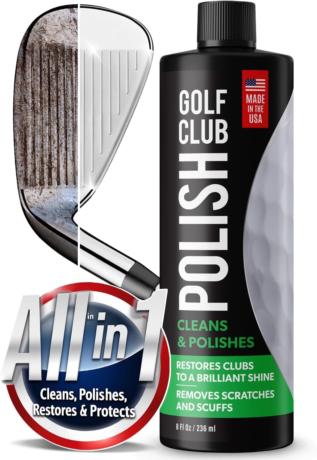 Golf Club Polish - Made in The USA Instant Golf Club Cleaner and Golf Club Scratch Remover - Cream Golf Club Polishing Kit/Golf Club Cleaning Kit - 8 oz of Metal Polish Compound