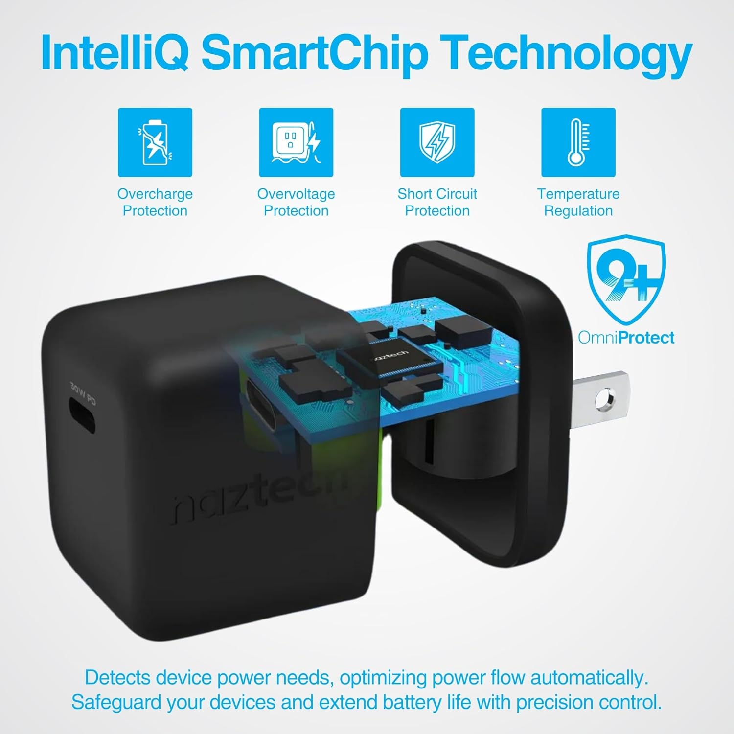 Naztech USB-C PD Wall Charger with 6ft Charging Cable - 30W Portable Power Delivery Fast Adapter, Compatible for International Travel, iPhone, Samsung, Laptops & More - Black