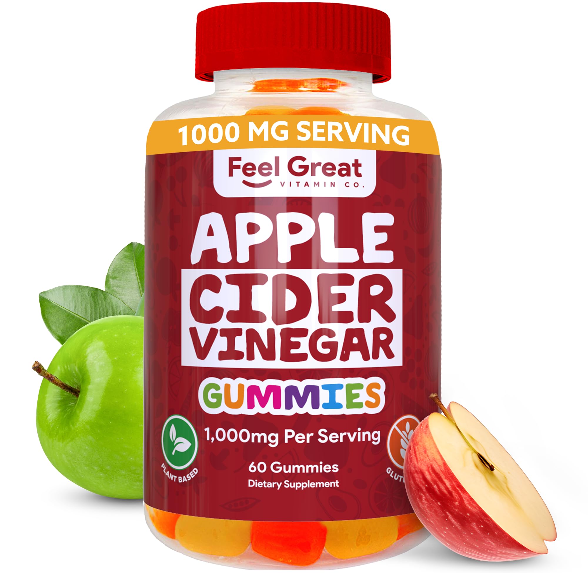 Feel Great Vitamins Apple Cider Vinegar Gummies – ACV with The Mother for Digestive Support & Daily Wellness – Vegan, Non-GMO, 60 Gummies