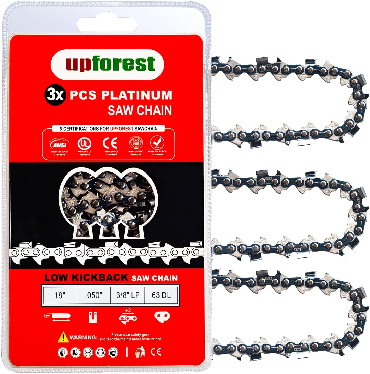 18 Inch Chainsaw Chain 3/8"LP Pitch- .050" Gauge 63 Drive Links Fits Craftsman 172.34120, Greenworks 20032, Worx, PRORUN - S63 (3 Chains) (91EOP63X3)
