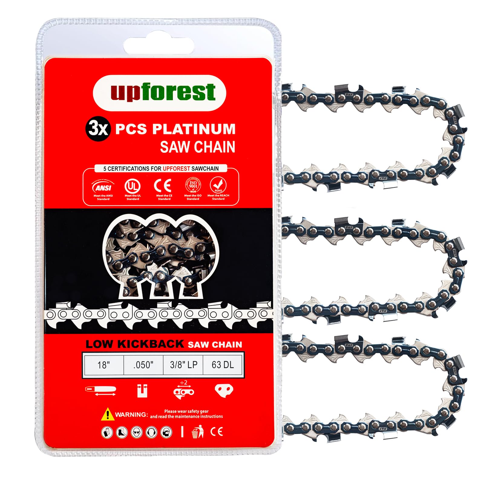 18 Inch Chainsaw Chain 3/8"LP Pitch- .050" Gauge 63 Drive Links Fits Craftsman 172.34120, Greenworks 20032, Worx, PRORUN - S63 (3 Chains) (91EOP63X3)