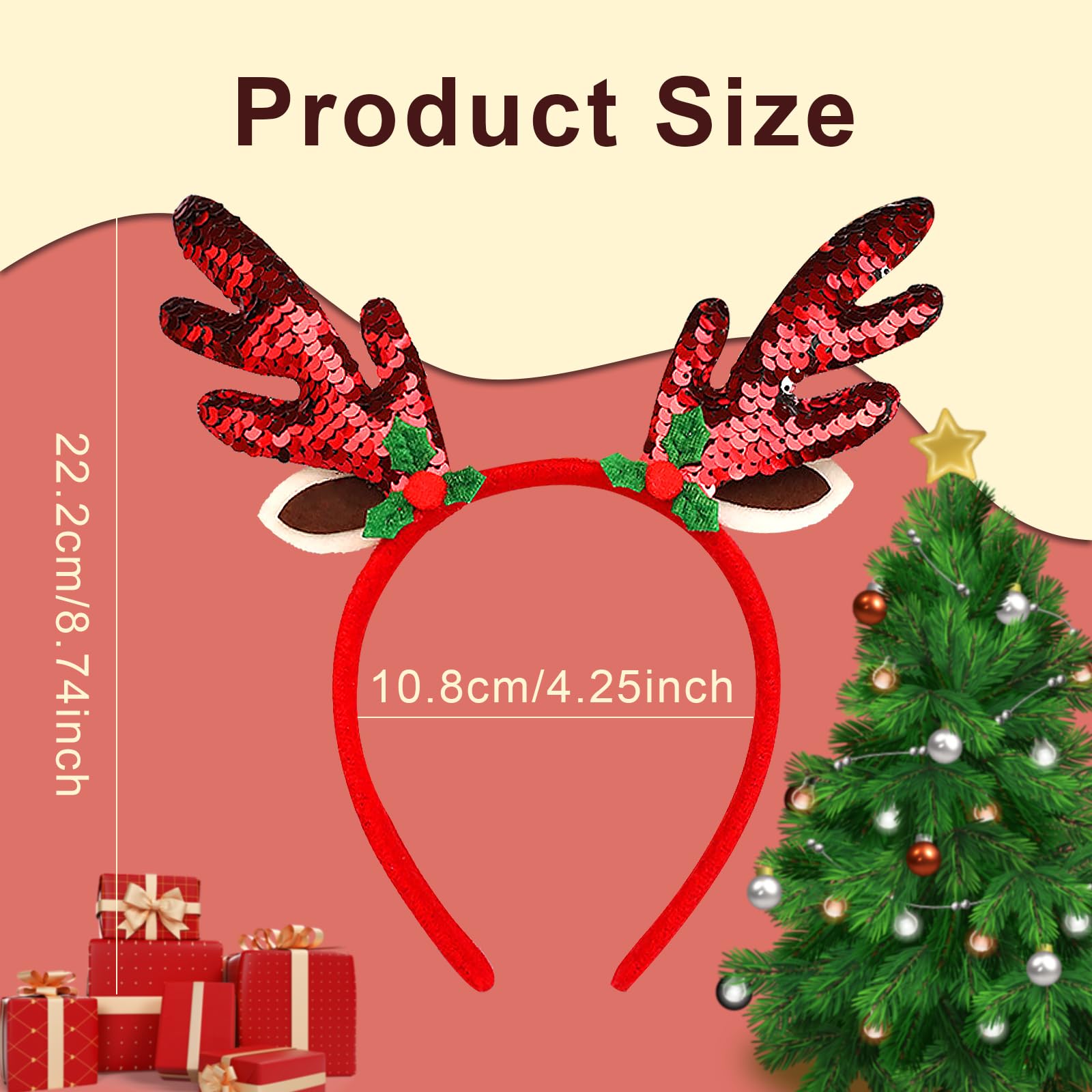 iwiio Christmas Headbands for Adults Glitter Sequin Fish Scale Deer Horn Headwear, Red Green Christmas Hair Bands - Image 2