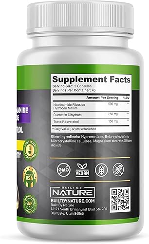 Miniatura 2 de Built by Nature Suplemento NAD  Ribosida de nicotinamida con resveratrol y quercetina  Complejo NAD extra fuerte para el envejecimiento saludable de