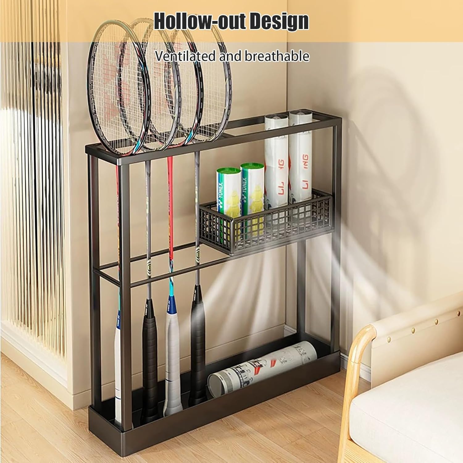 Freestanding Tennis Racket Holder Narrow, Slim Space-Saving Tennis Racket Storage Rack/Badminton Storage Organizer Holder, for Training Ground Garage Club School