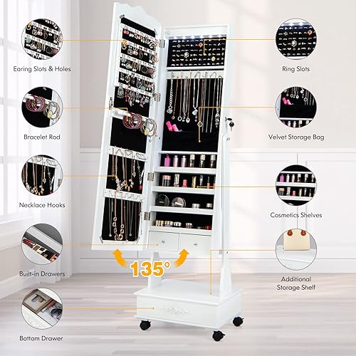 Miniatura 4 de Armario de joyería con 4 ruedas con cerradura organizador de almacenamiento de joyería con cerradura con espejo de longitud completa 6 luces LED