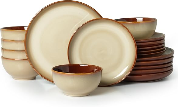 Ceramic Dinnerware Sets for 6, 18pcs Plates and Bowls Sets Dish Set | Stoneware Dishware sets, Microwave & Dishwasher Safe, Cereal Bowls and Dinner Plates Set, Stackable Dishes Set, Brown Yellow