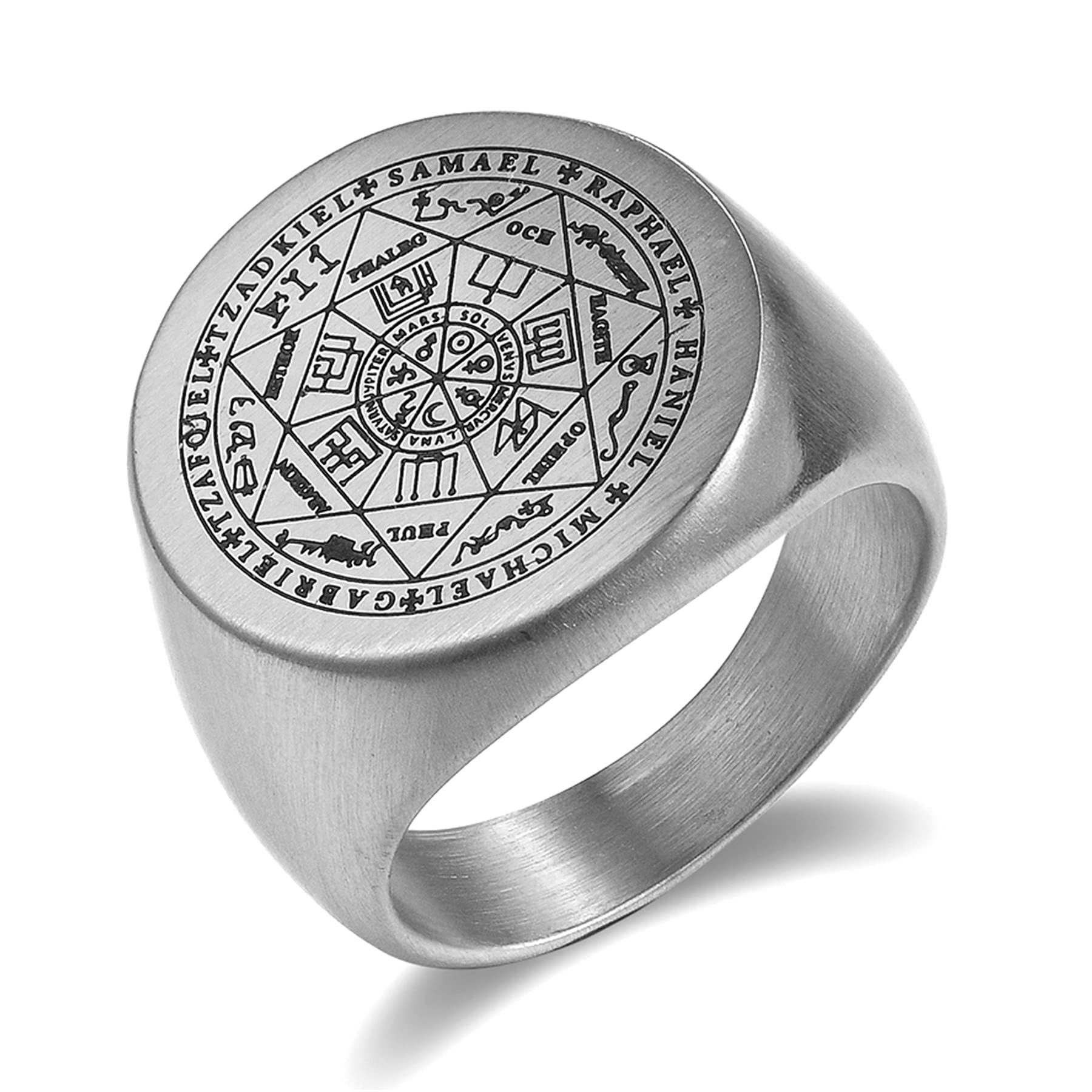 JewelryWe Schmuck Herren-Ring mit Gravur Edelstahl Siegel der Sieben Erzengel Siegelring Silber Gold Schwarz Größer 54mm-72mm