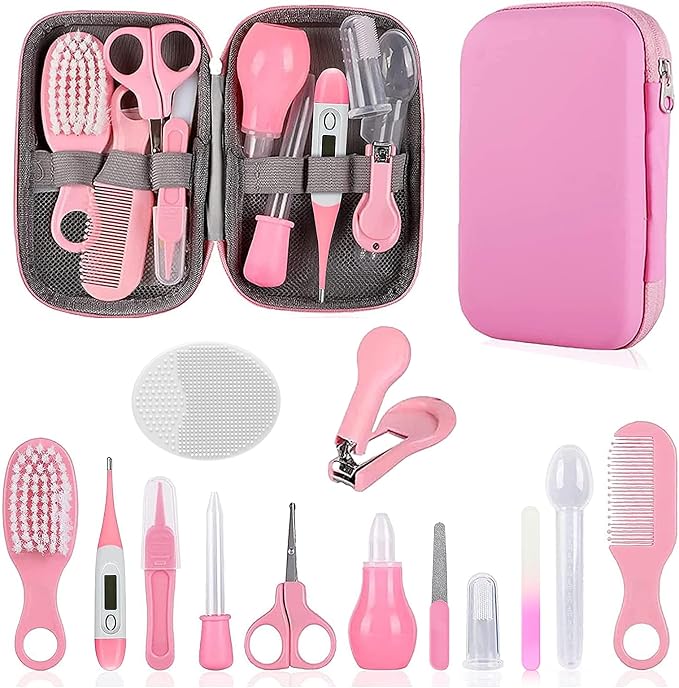 Kit de aseo para bebé, juego de cuidado de seguridad para bebés con cepillo de pelo, peine, cortaúñas, aspirador nasal, kit de artículos esenciales para bebés para recién nacidos, niñas y niños (rosa)