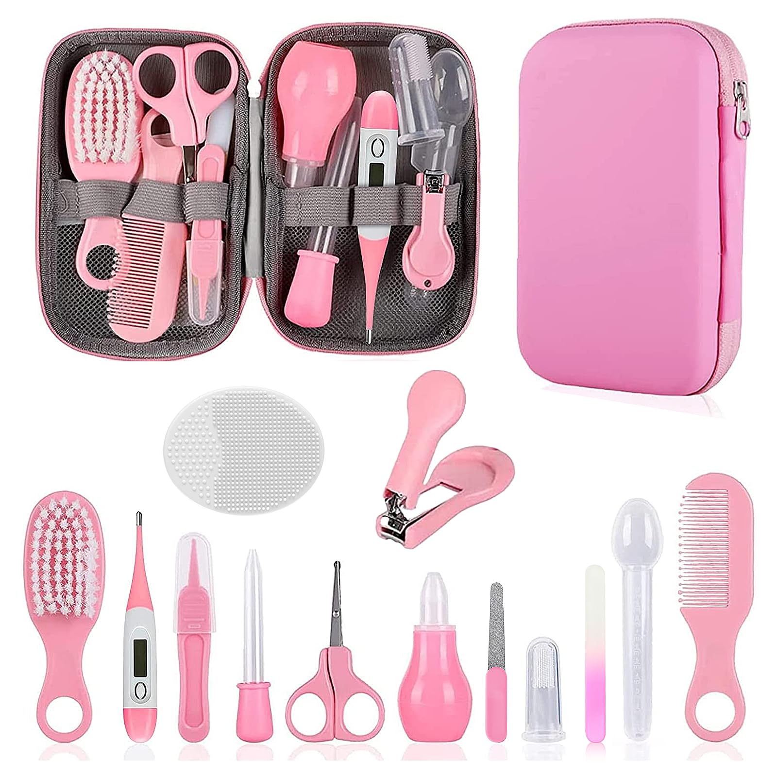 Kit de aseo para bebés, juego de cuidado de seguridad infantil con cepillo para el pelo, peine cortaúñas, aspirador nasal, kit esencial para bebés para recién nacidos y niños (rosa)