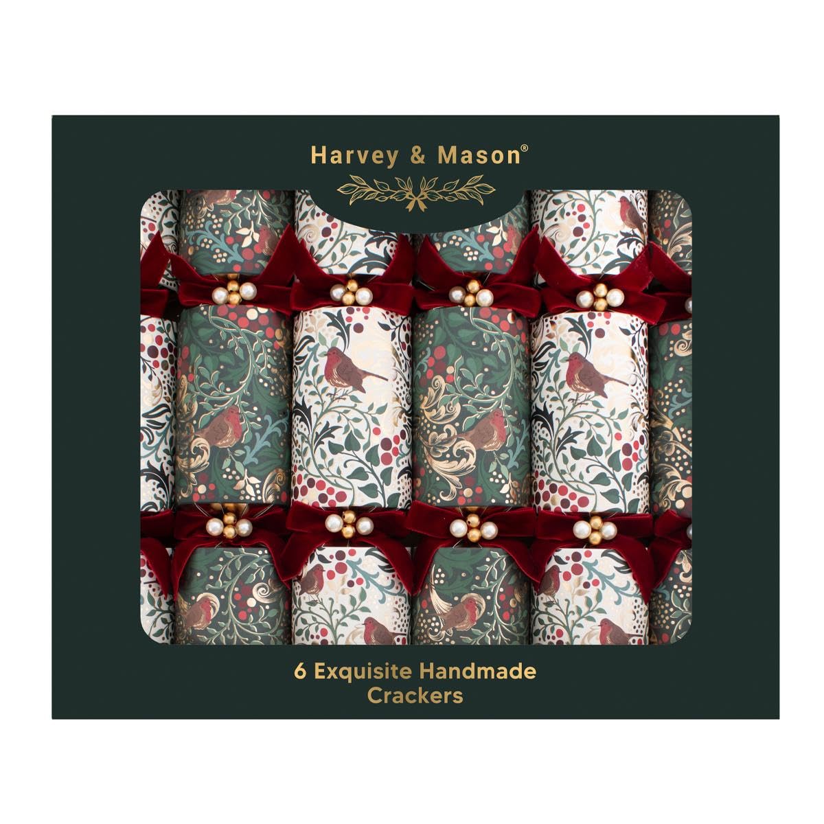 Harvey & Mason Green Pack Of 6 Exquisite Red Robin Christmas Crackers - 13.5" White Festive Holly Foliage Xmas Holiday Dinner Table Decorations - Novelty Fun Prizes Gifts Contains Hats Jokes