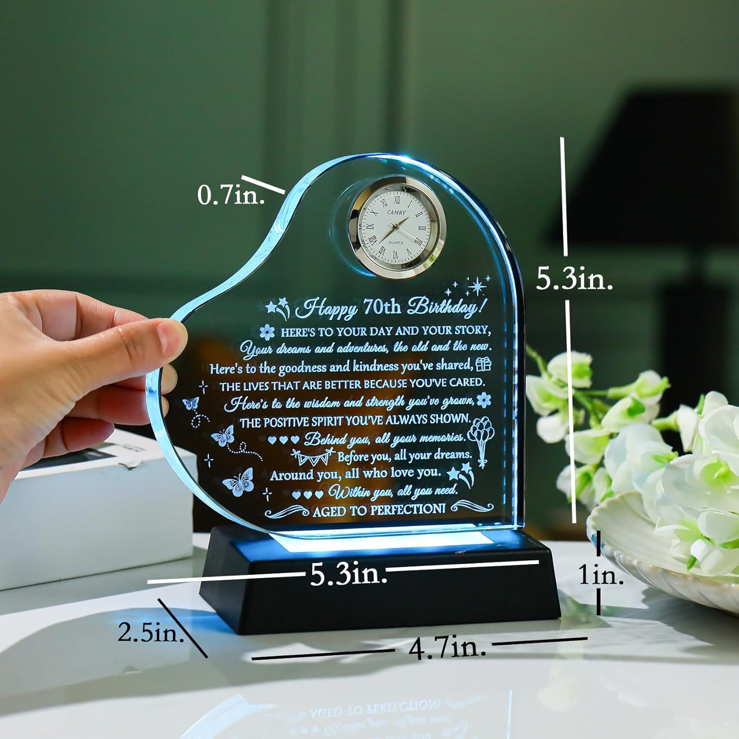 Movdyka Unique Happy 70th Birthday Gifts for Women & Men - Personalized 1955 Glass Clock Decor with Night Light, Classy 70 Year Old Female Present for Mom, Dad, Grandparents, Friends