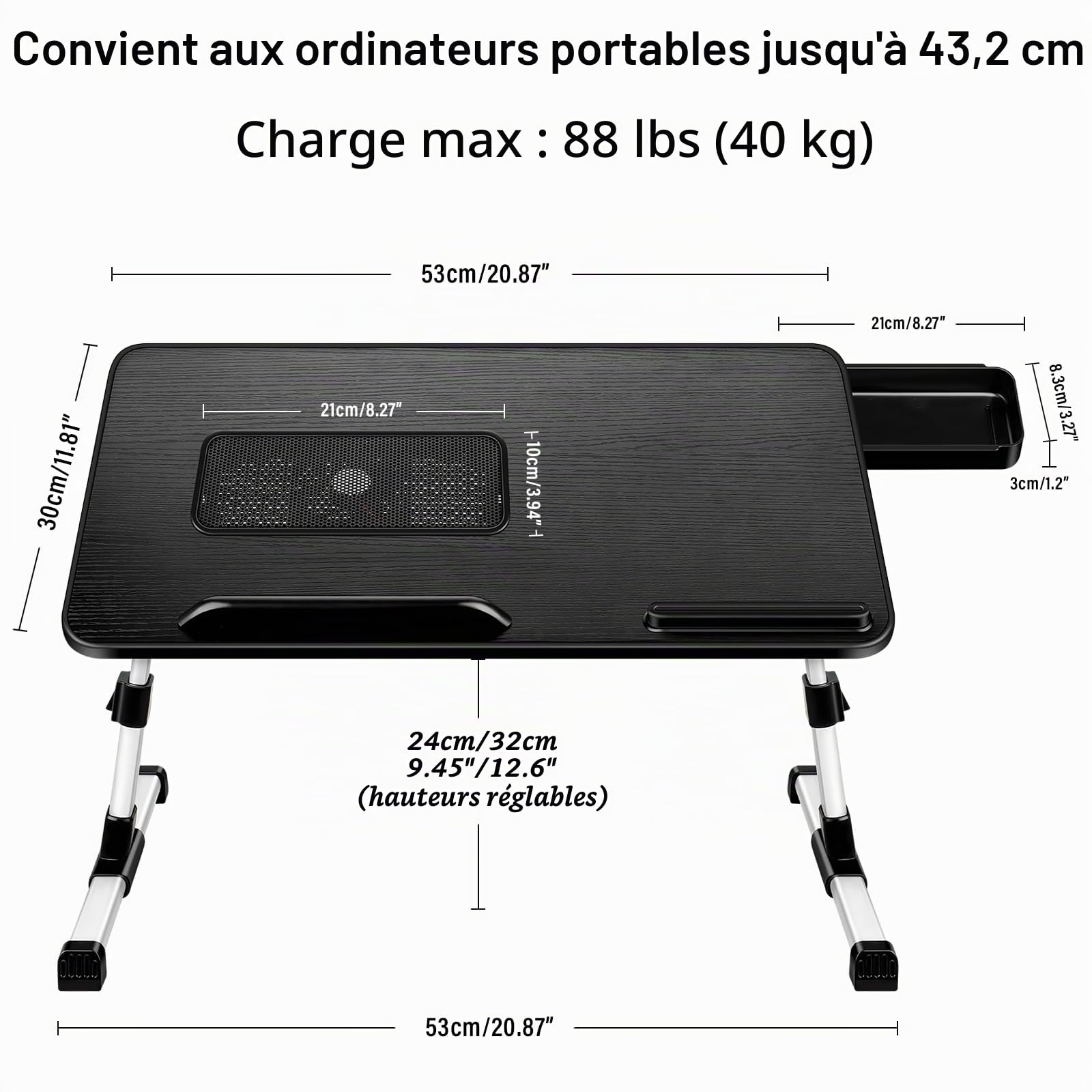 Table de Lit pour Ordinateur Portable, Pliable, Réglable en Hauteur et Angle, Plateau de Lit avec Tiroir/Refroidisseur PC Portable, Table pour Canapé/Sol (53 x 30 cm, Noir)