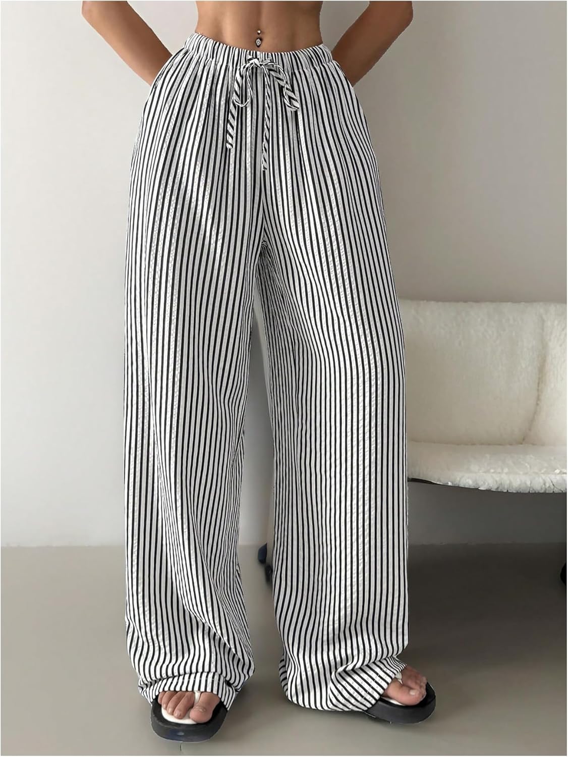 SweatyRocks Women's Y2K Striped Pants Wide Leg Drawstring High Waist Long Trousers with Pocket - Image 5