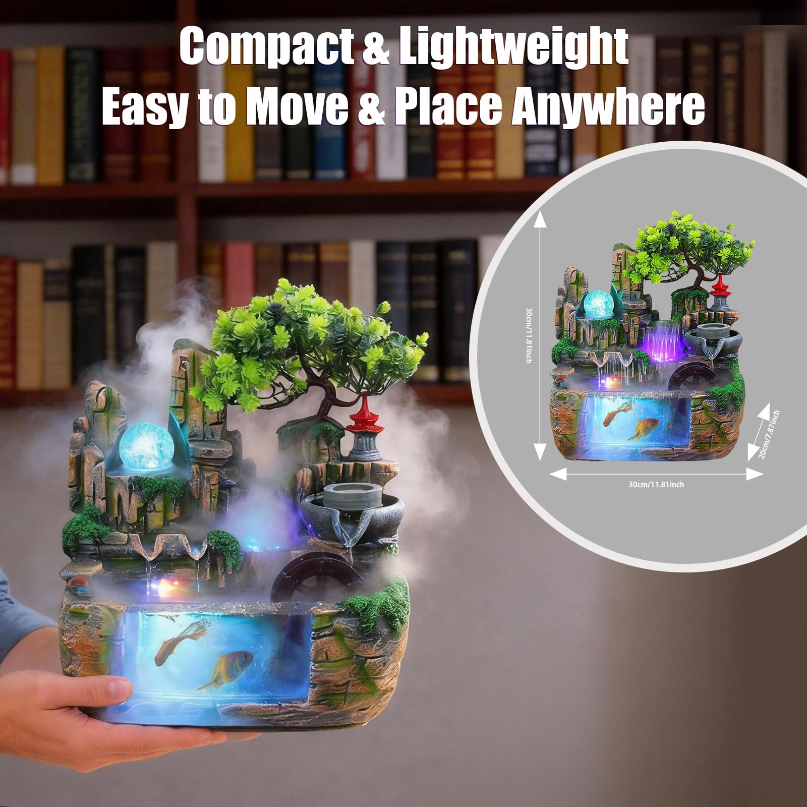LED-Zimmerbrunnen mit Wasserfall & Zen Garten, Dekorativer Tischbrunnen mit Regengeräuschen, Steingarten Brunnen mit Aquarium & Pflanzen, Leiser Mini-Brunnen für Wohnzimmer, Büro