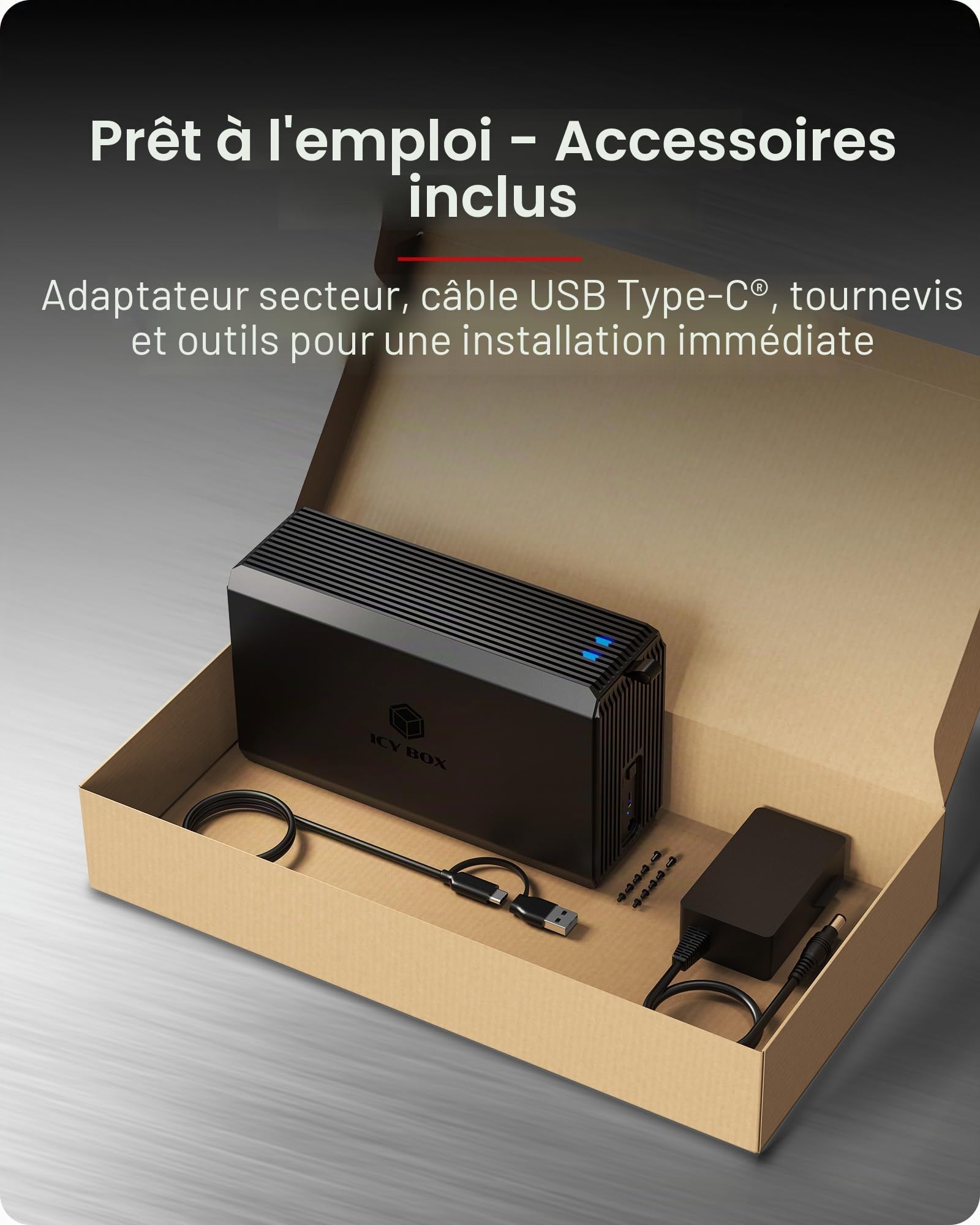 ICY Box (système Raid pour 2 disques durs/SSD 2,5"/3,5") USB 3.2 Gen 1 Type-C 5 Gbit/s, Raid 0/1/SINGLE/LARGE, Ventilateur intégré de 50 mm, indicateur d'état LED, IB-RD3720-CU3