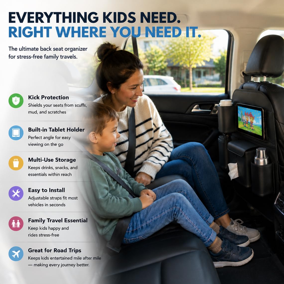 XDV Organisateurs de siège de voiture, protections de siège arrière multifonctionnelles, pochettes de rangement, tapis de protection contre les coups de pied des enfants et supports de plateau pour