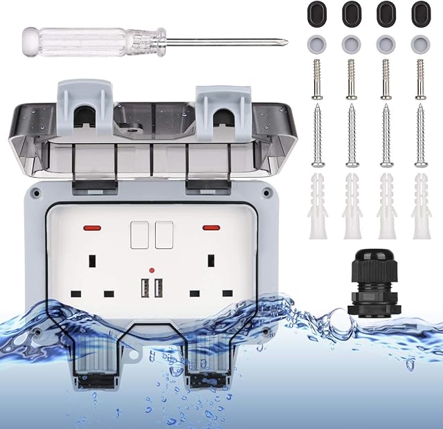 Outdoor Waterproof Double Plug Socket, Weatherproof Wall Electrical Power Outlet with USB Charging Ports & Switch & Led Light, IP66 13A UK 2 Gang Socket with Installation Tool