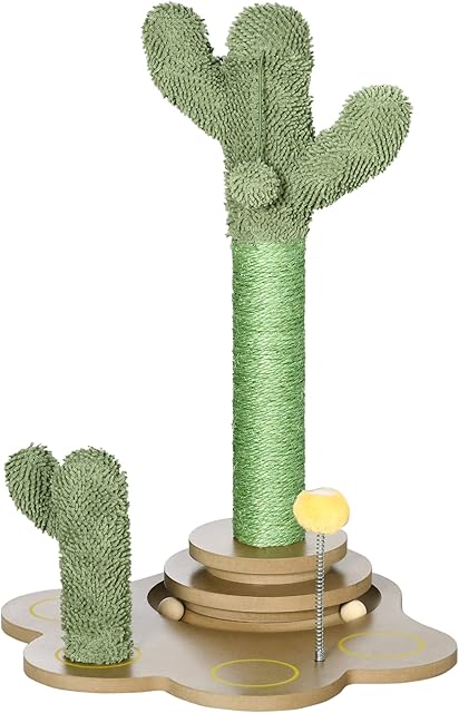 PawHut 60cm Cactus Cat Tree, Kitty Activity Centre Chenille Cat Tower w/ Interactive Toy Balls, Sisal Scratching Posts - Green