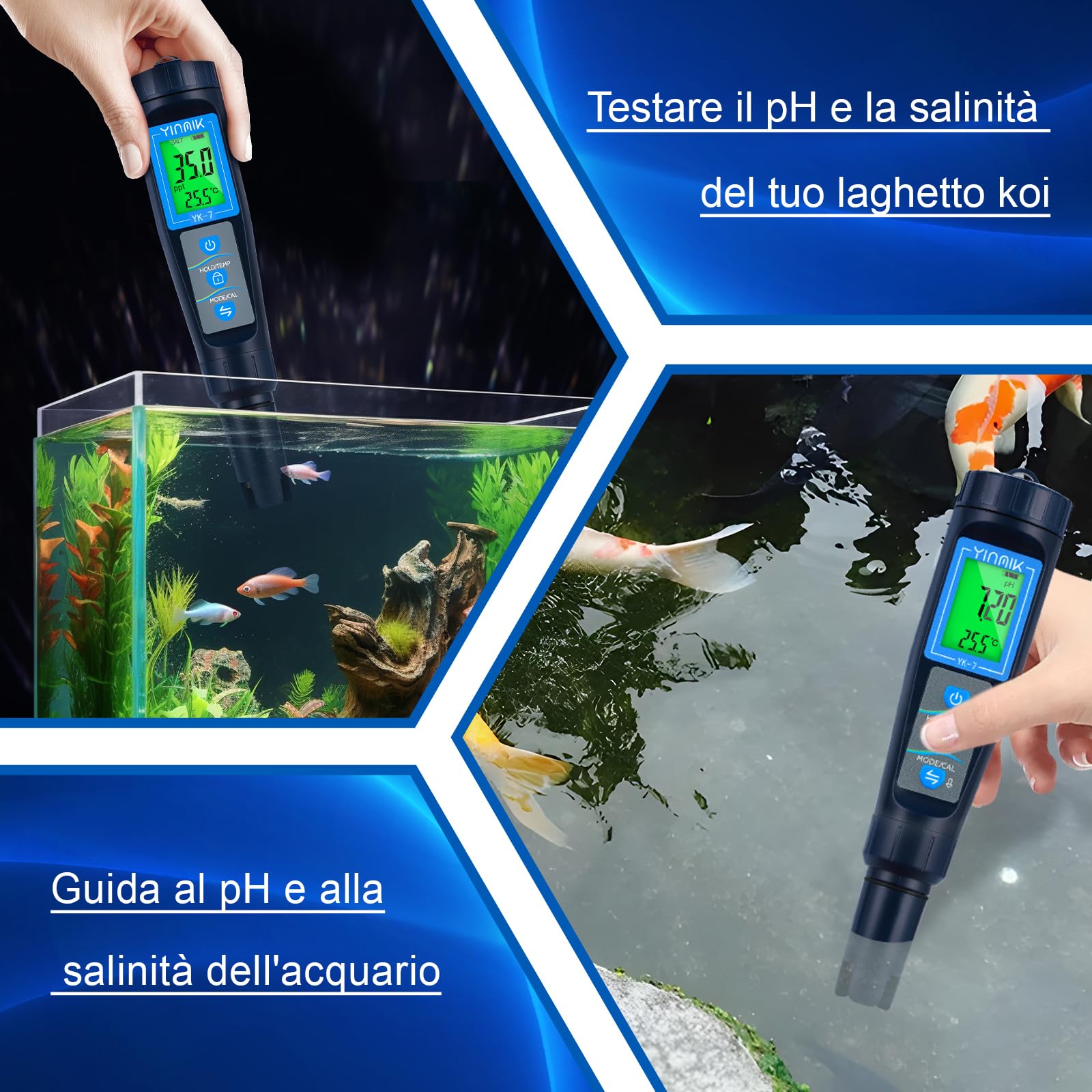YINMIK Misuratore pH salinità per piscine, Tester digitale pH salinità per piscine di acqua salata, Tester pH salinità TDS EC 5 in 1 per piscine fuori terra, acquari, acqua potabile,coltura idroponica