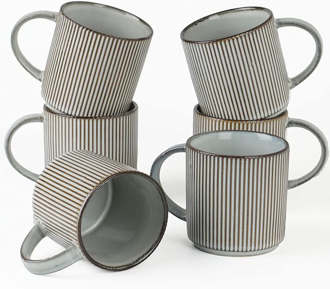 famiware Coffee Mug Set for 6, Star 12 oz Catering Mugs Cup Set with Handle for Coffee, Tea, Cocoa, Milk - Ceramic Stoneware Drinkware Set, Smoky Blue