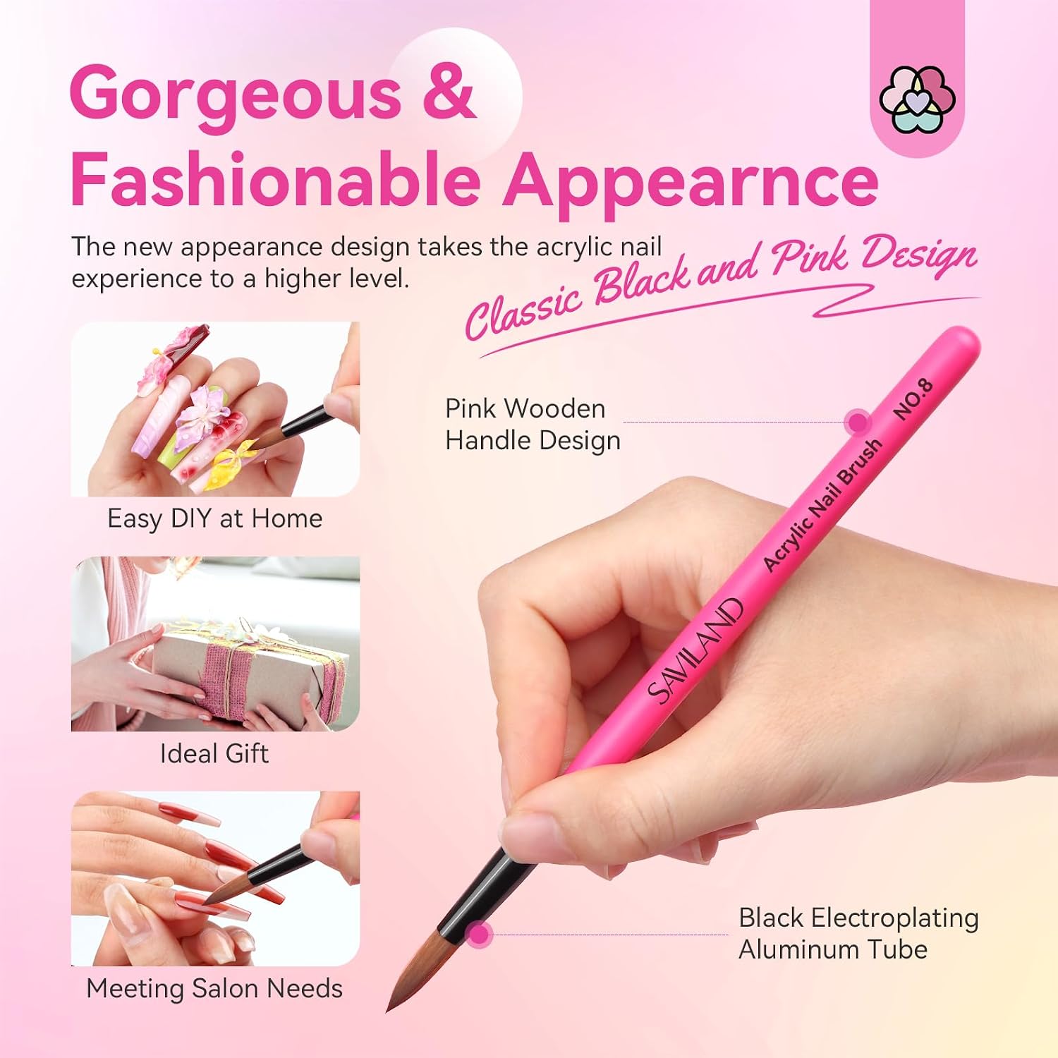 SAVILAND Acrylic Nail Brushes Set: Sizes 8, 10, 14 Nail Brushes for Professional Acrylic Powder Applications, Nails Extension, 3D Carving for Home Salon DIY Nail Art Brush Manicure Acrylics Tools Pink