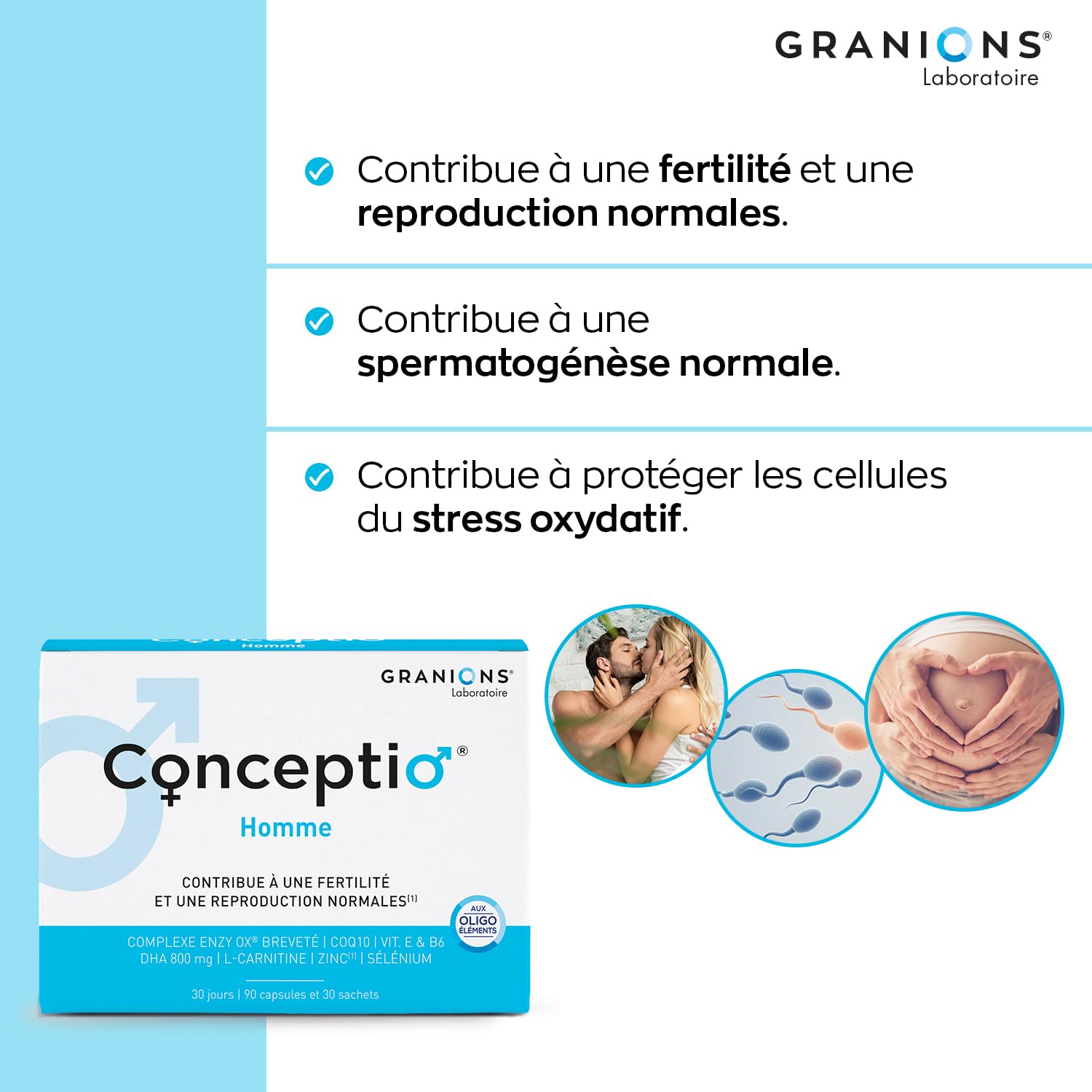 GRANIONS | Conceptio homme | Fertilité masculine, reproduction normale | Complexe Breveté Enzy Ox (Coenzyme Q10, Vitamine E), L-Carnitine, Dha, Oligoéléments | 90 capsules et 30 sachets (30 jours)