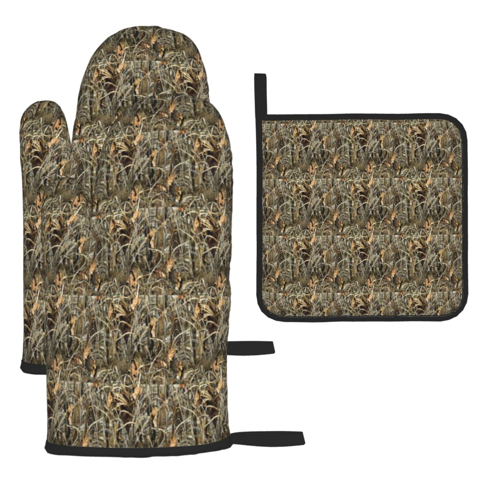 Camo Yellow & Green Print Oven Set Kitchen Gloves Baking Grilling Microwaving Cooking Gift Everyday Holiday