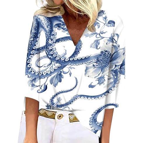 Boho Tunic T Shirts 3/4 Sleeve Womens Tops Vintage Floral