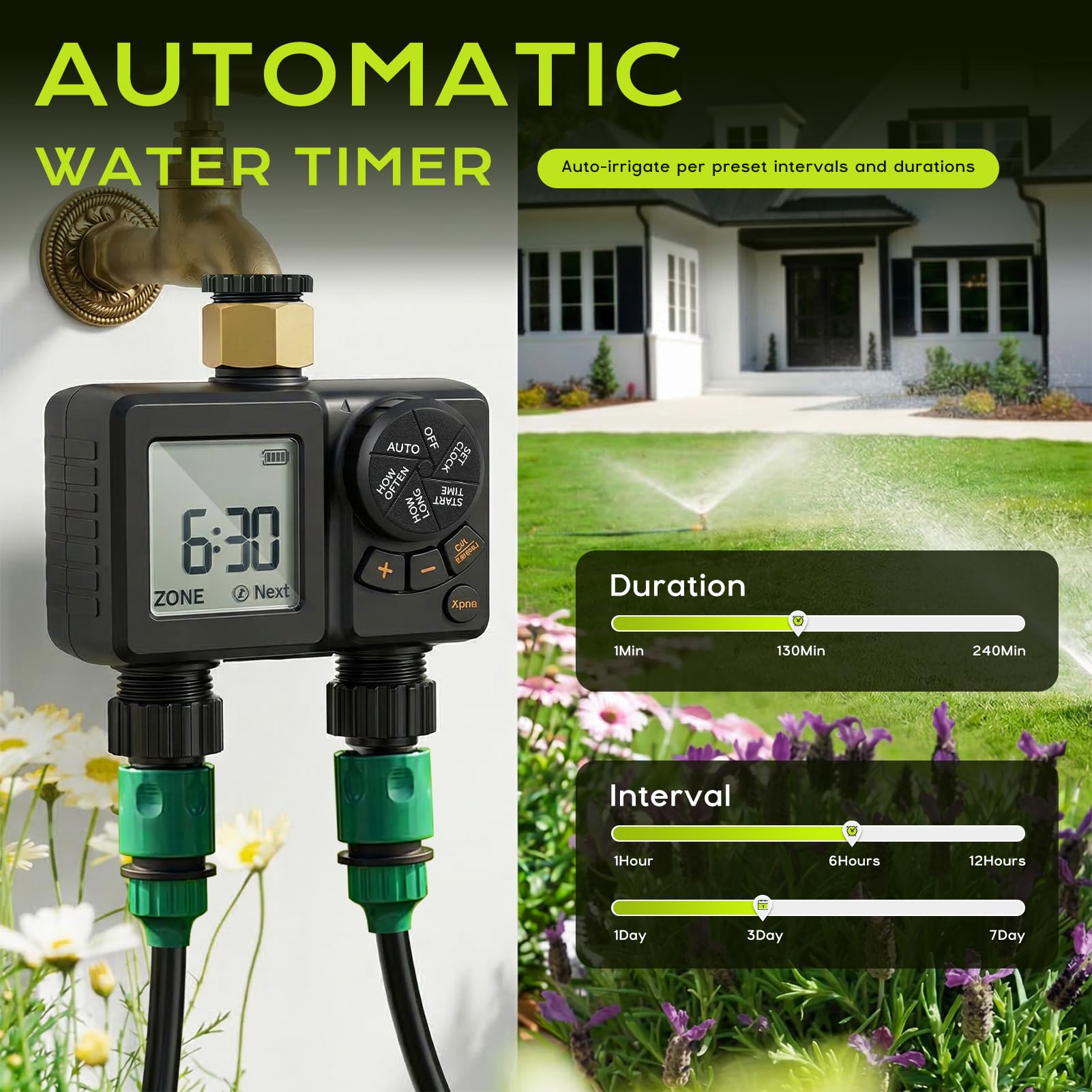 Programmateur Arrosage 2 Voies 2000mAh Rechargeable IPX6 Étanche Minuteur Arrosage Automatique, LCD 2.8", Entrée Laiton, Retard de Pluie, Arrosage Automatique et Manuel pour Jardin Pelouse