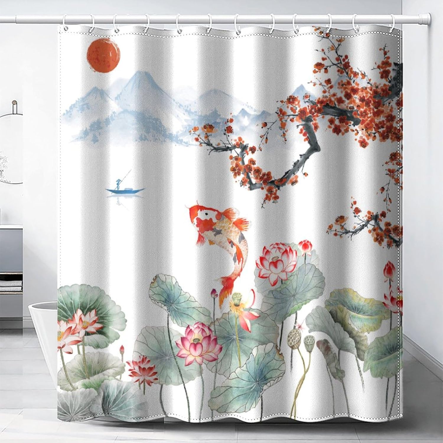 Japanese Koi Fish Shower Curtain,Spring Nature Landscape Cherry Blossoms Floral Print Shower Curtain for Bathroom Decor Asia Oriental Theme Fabric Waterproof Upholstery Hook 72x72inch