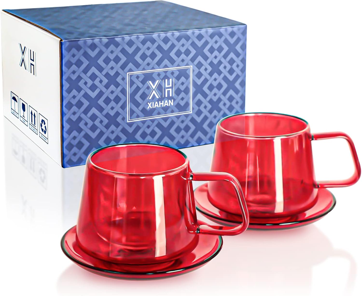 XIAHAN Glass Coffe Teacups and Saucers Set 2 Pack Double