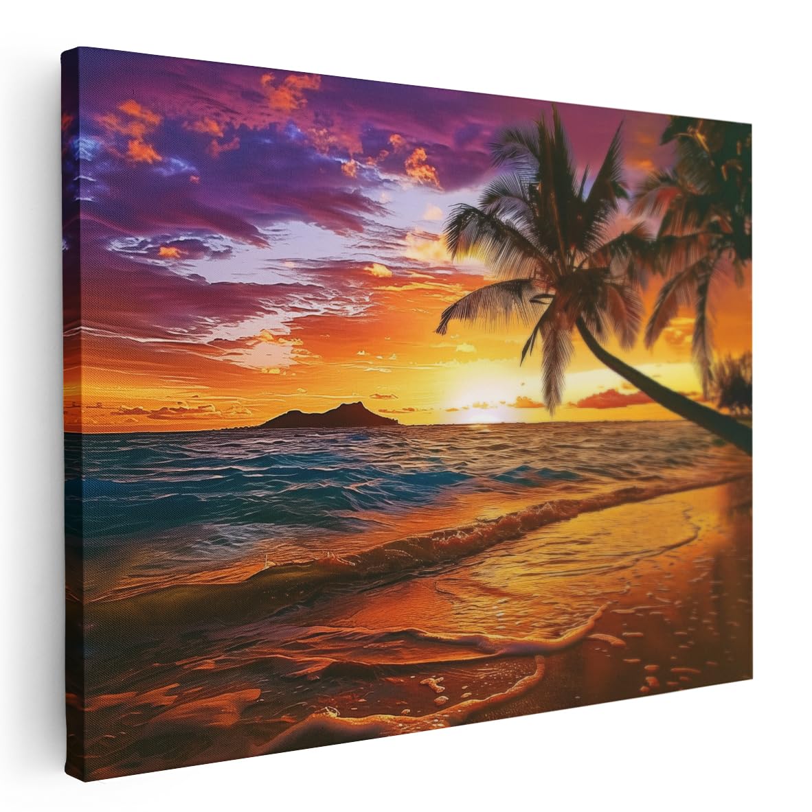 Artaza Leinwand Bilder Sonnenuntergang Strand - 80x60 cm - Wanddeko Meer - Wandbilder Palme Karibik - Deko Wohnzimmer