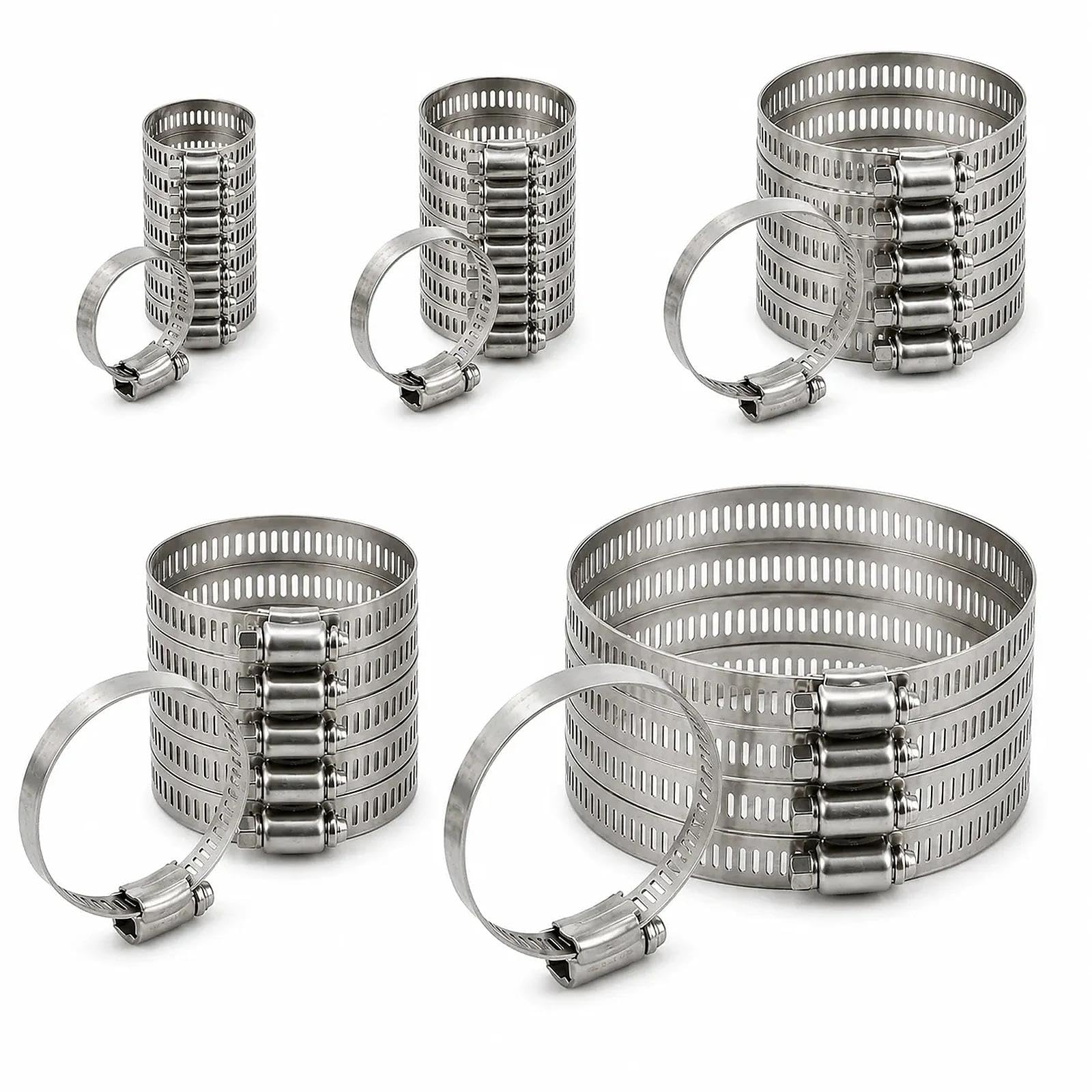 40 Pcs 304 Stainless Steel Hose Clips Set, 5 Sizes 6-12/13-19/16-25/21-38/27-51mm Bolt Adjustable Hose Clamps, Full Steel Pipe Clips