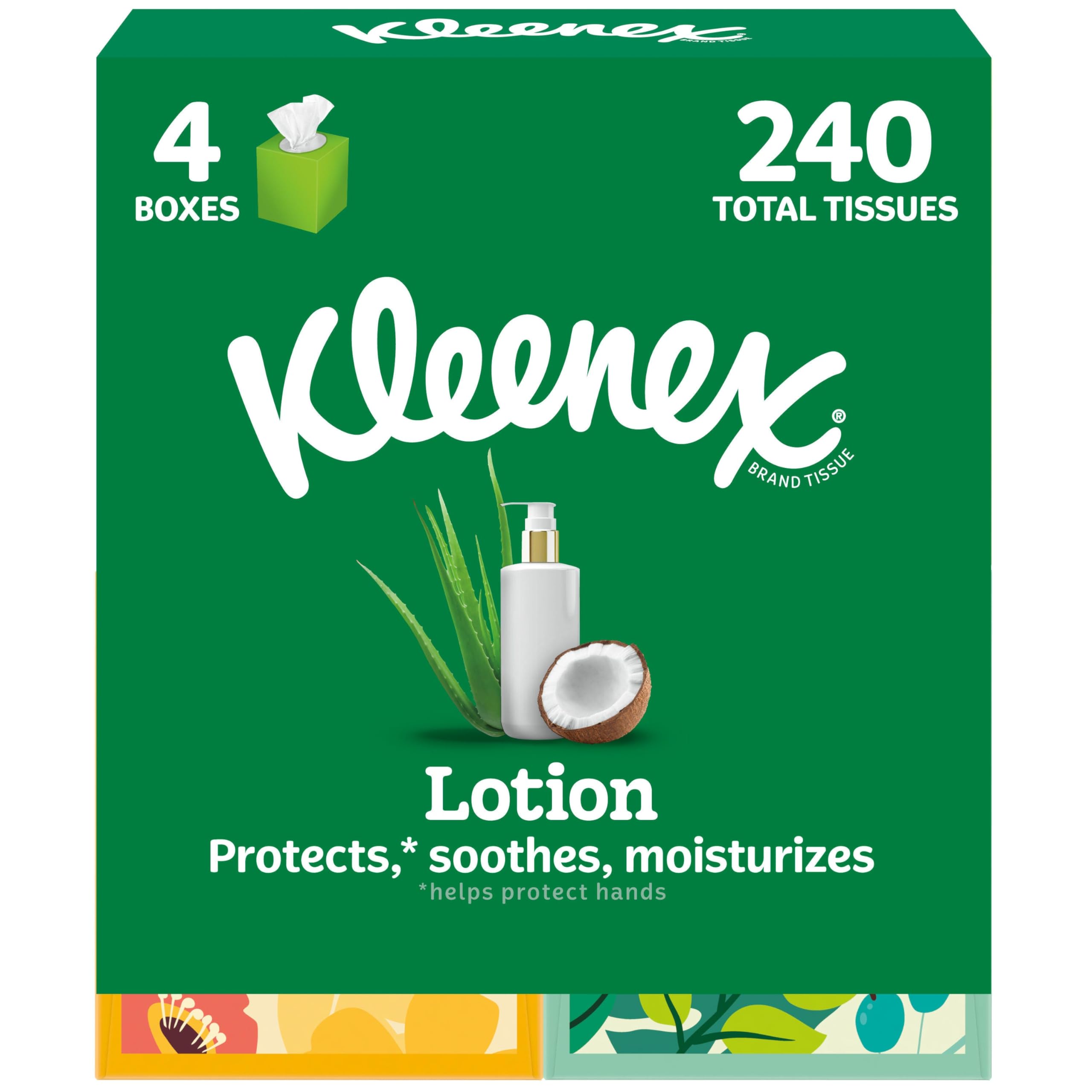 Kleenex Soothing Lotion Facial Tissues with Coconut Oil, Aloe & Vitamin E, 4 Cube Boxes, 60 Tissues per Box, 3-Ply (240 Total Tissues)