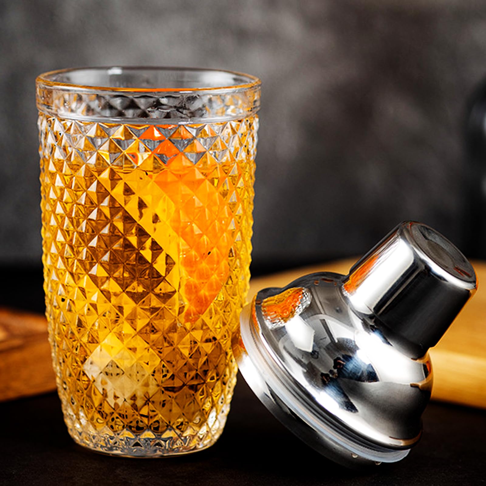 Shaker da Cocktail 400 ml, Set di shaker per cocktail in Acciaio inox e Vetro, Shaker con colino misurino e cucchiaio per casa, bar, vino, succhi di frutta misti, bevande (Argento-1)