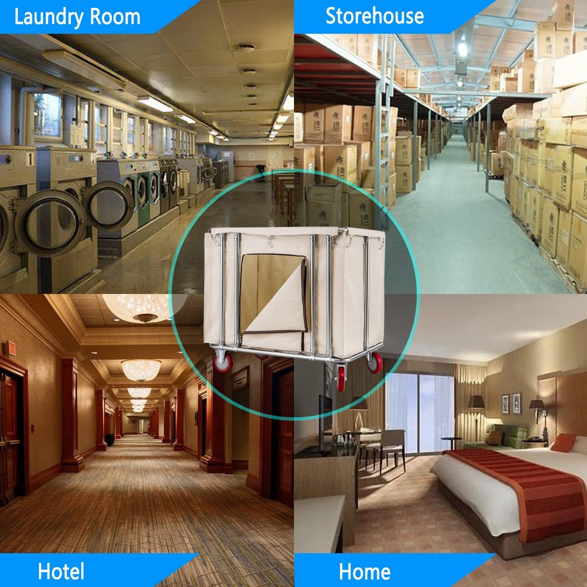 Strapazierfähiger kommerzieller Wäschekorb mit Edelstahlrahmen und wasserdichtem Oxford-Korb auf Rädern für Zuhause, Hotel, Beige, B