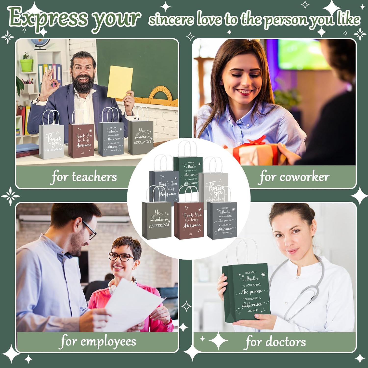 Gueevin 40 Pcs Employee Appreciation Gifts Bulk Thank You Bags CNA Gift Bags Bulk Paper Snack for Staff Teacher Team End of The Year Staff(Appreciation,Neutral)