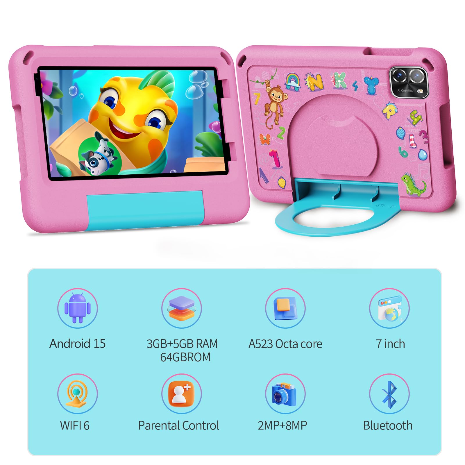 Tablet Android 15 con custodia per bambini da 7 pollici, pad da 64 GB per bambini dai 3 ai 12 anni, educazione, giochi, controllo genitori, WiFi integrato, Bluetooth, doppia fotocamera