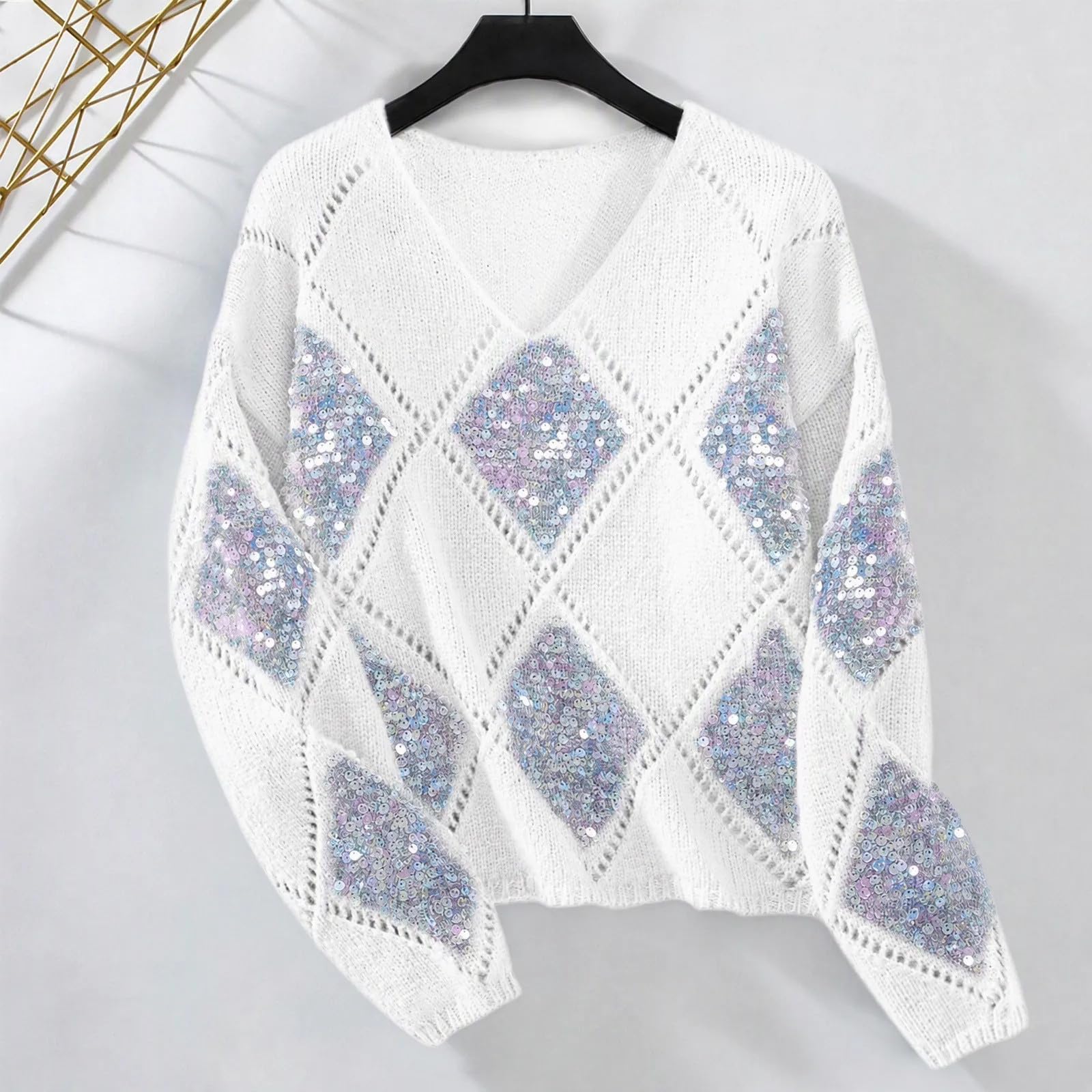 Strickpullover Damen Kurz Pullover Pailletten Oberteil V-Ausschnitt