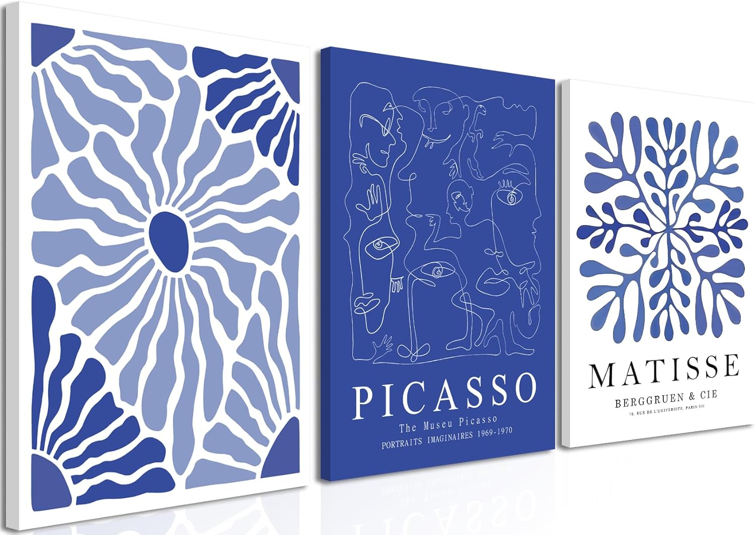 Framed Picasso Matisse Canvas Wall Art Set of 3 – Blue Abstract Line Poster Wall Decor Paintings Prints, Modern Minimalist Pictures Aesthetic Home Decor for Living Room Bedroom Office 16x24 inch Blue Floral 16X24Inch Canvas