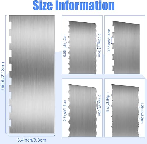 Miniatura 2 de Geiserailie 4 piezas de rascador de pasteles de acero inoxidable más suave grande de doble cara con borde estampado de rayas de 9 pulgadas, peine de