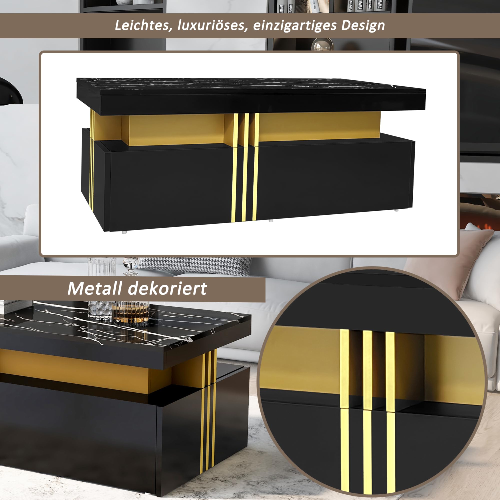Modern Couchtisch Rechteckig mit Marmor-Optik Hochglanz Sofatisch Wohnzimmertisch mit 2 Holzschubladen Teetisch Kaffeetisch für Wohnzimmer Lounge Design Ablagetisch Groß 100x50x40 cm (Schwarz)