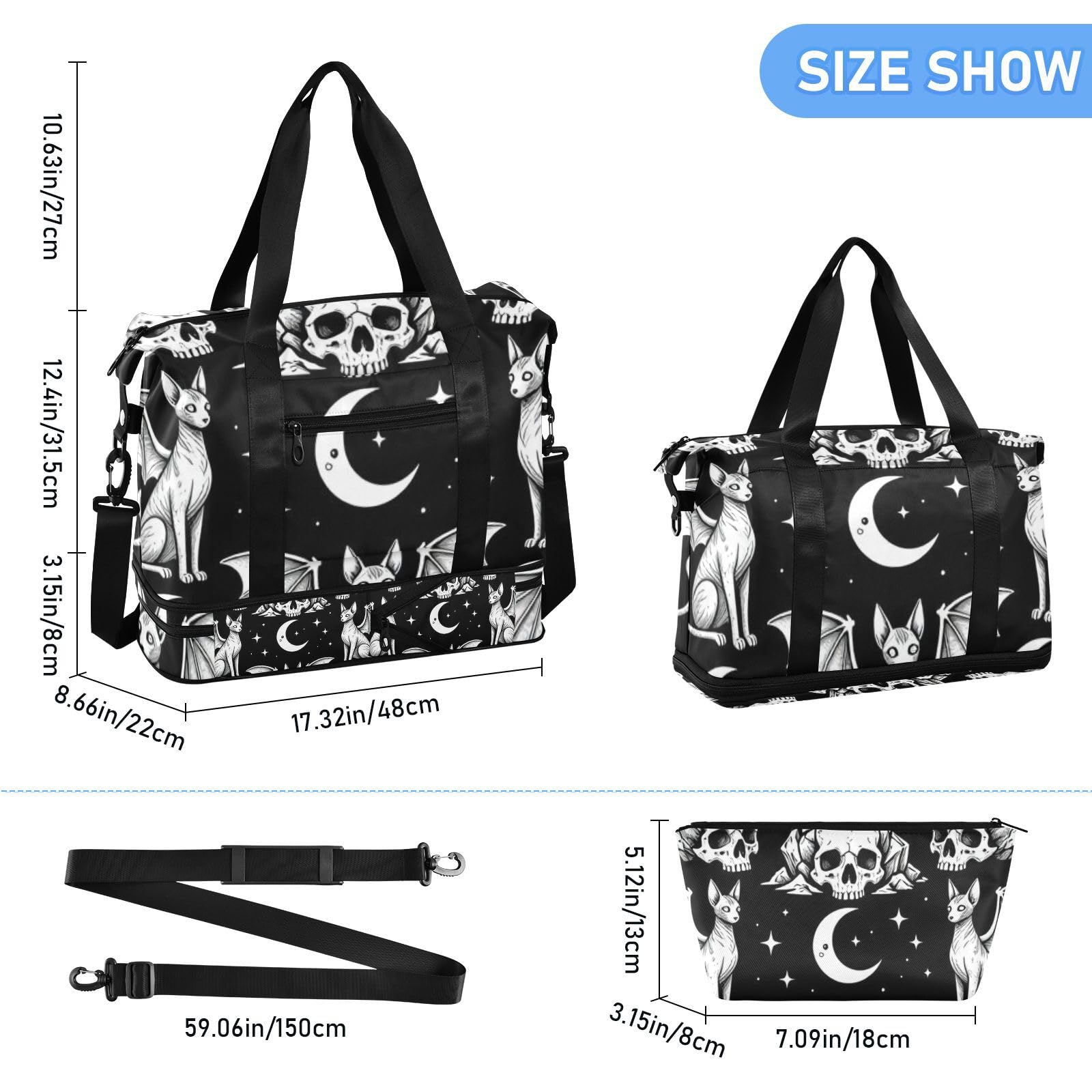 Gothic Black Moon Cat Bat Bolsa de viaje con bolsillo húmedo con correa ajustable para viajes de negocios, gran capacidad para hombres y mujeres