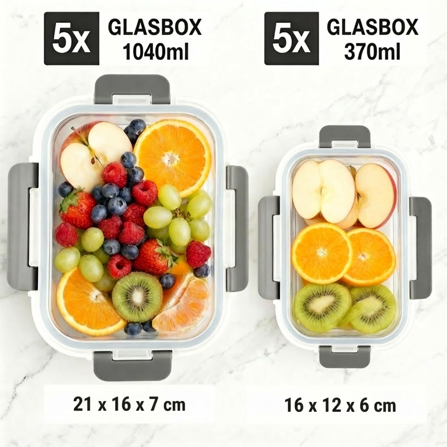 Recipientes De Vidrio Borosilicato Para Alimentos, Juego de 10 Piezas para Meal Prep y Almacenamiento (370ml & 1040ml), Recipientes Herméticos para Microondas y Lavavajillas, Sin BPA