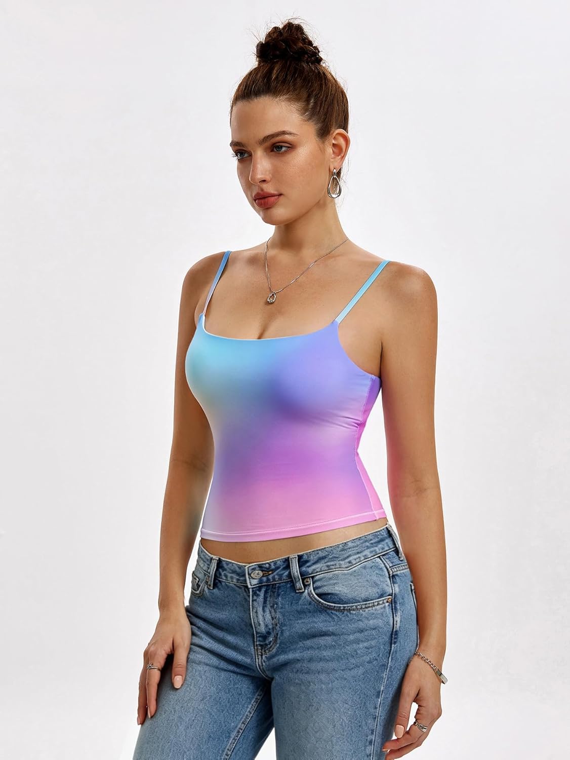 Women's Basic Double Lined Scoop Neck Tank Tops Adjustable Cami Tank Summer Sleeveless Tops Gradient Rainbow image 3