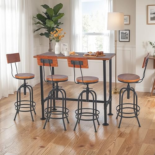 Miniatura 9 de Set of 2-Industrial Bar Stools with Backrest-Swivel Wood Seat-Bar Counter Height Adjustable 26-32.2inch-Kitchen Island Dining Chair